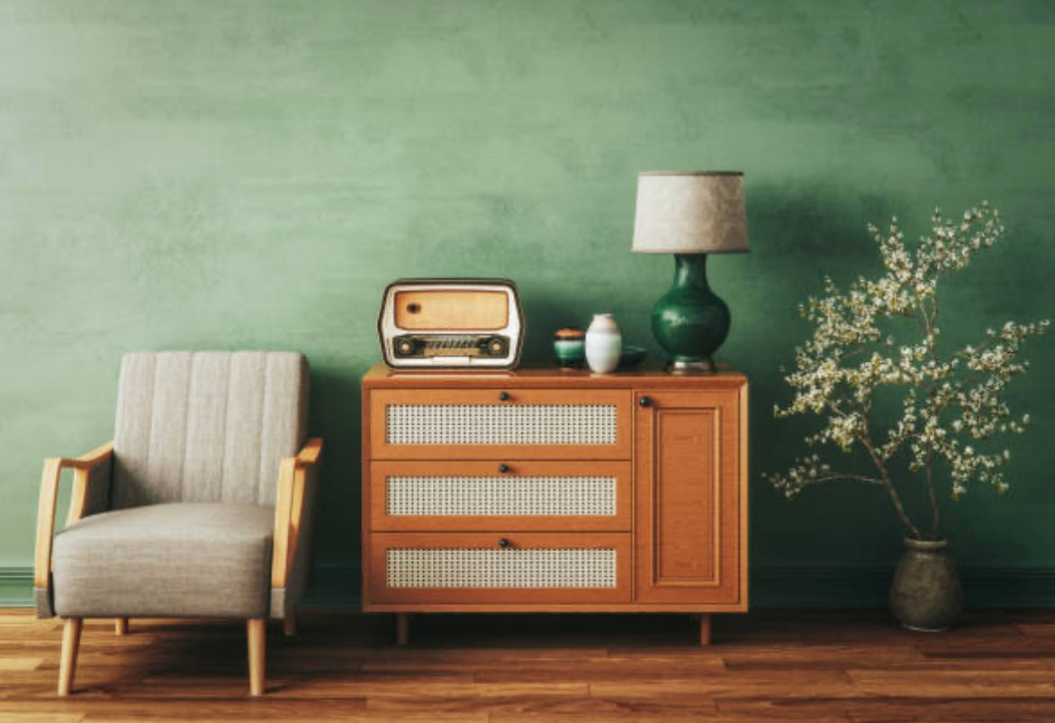 Mid-Century Modern Rattan-Front Credenza
